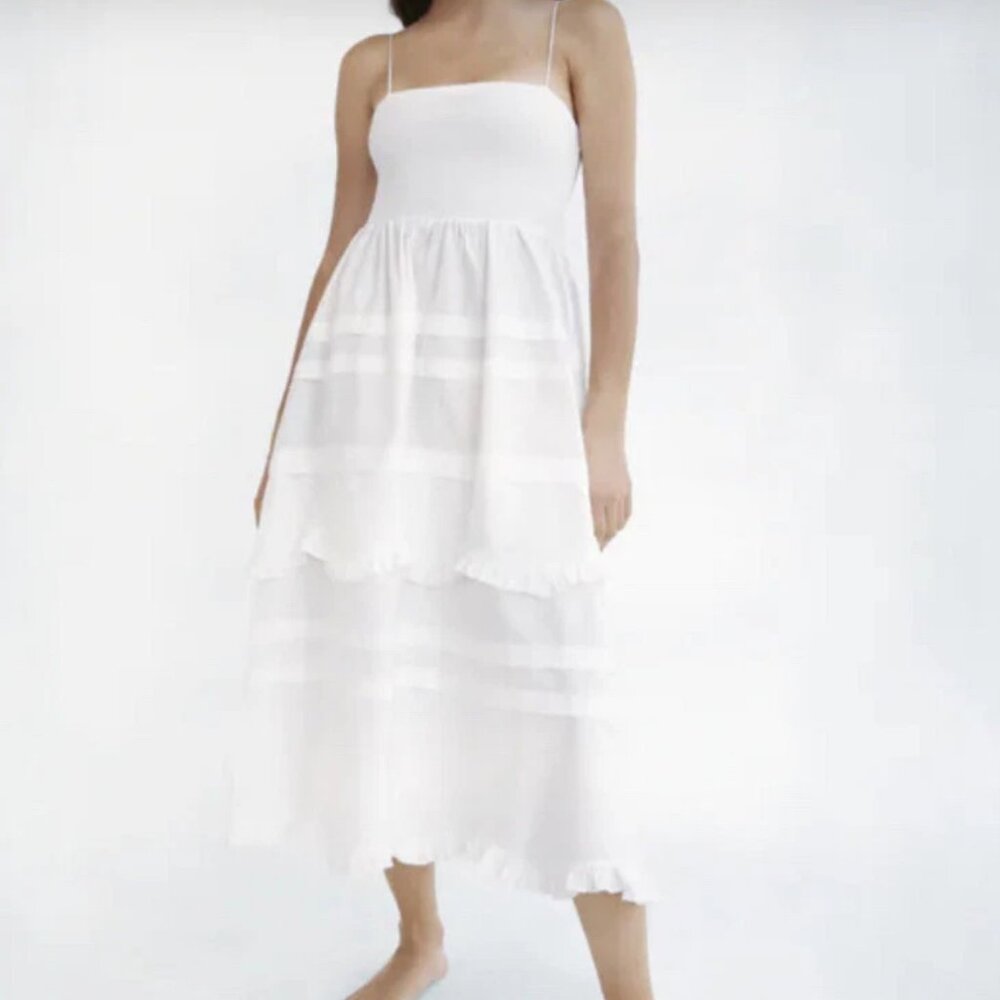 Zara White Tiered Midi Dress with Ruffle Detail Tube Top Summer Style S